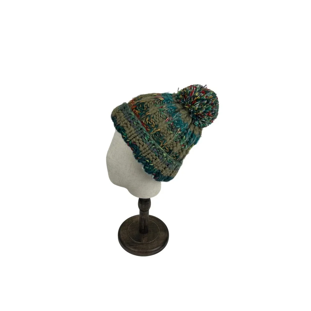 Andes Gifts Multi Color Chunky Knit Pom Pom Beanie Olive Green Alpaca‎ Blend